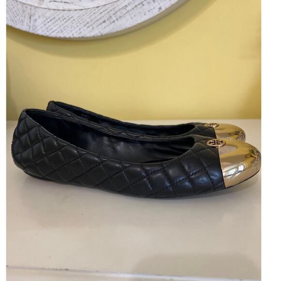 Tory Burch Black & Gold Quilted Ballet Flats Women's Size 10 Old Money Luxury - Picture 2 of 11